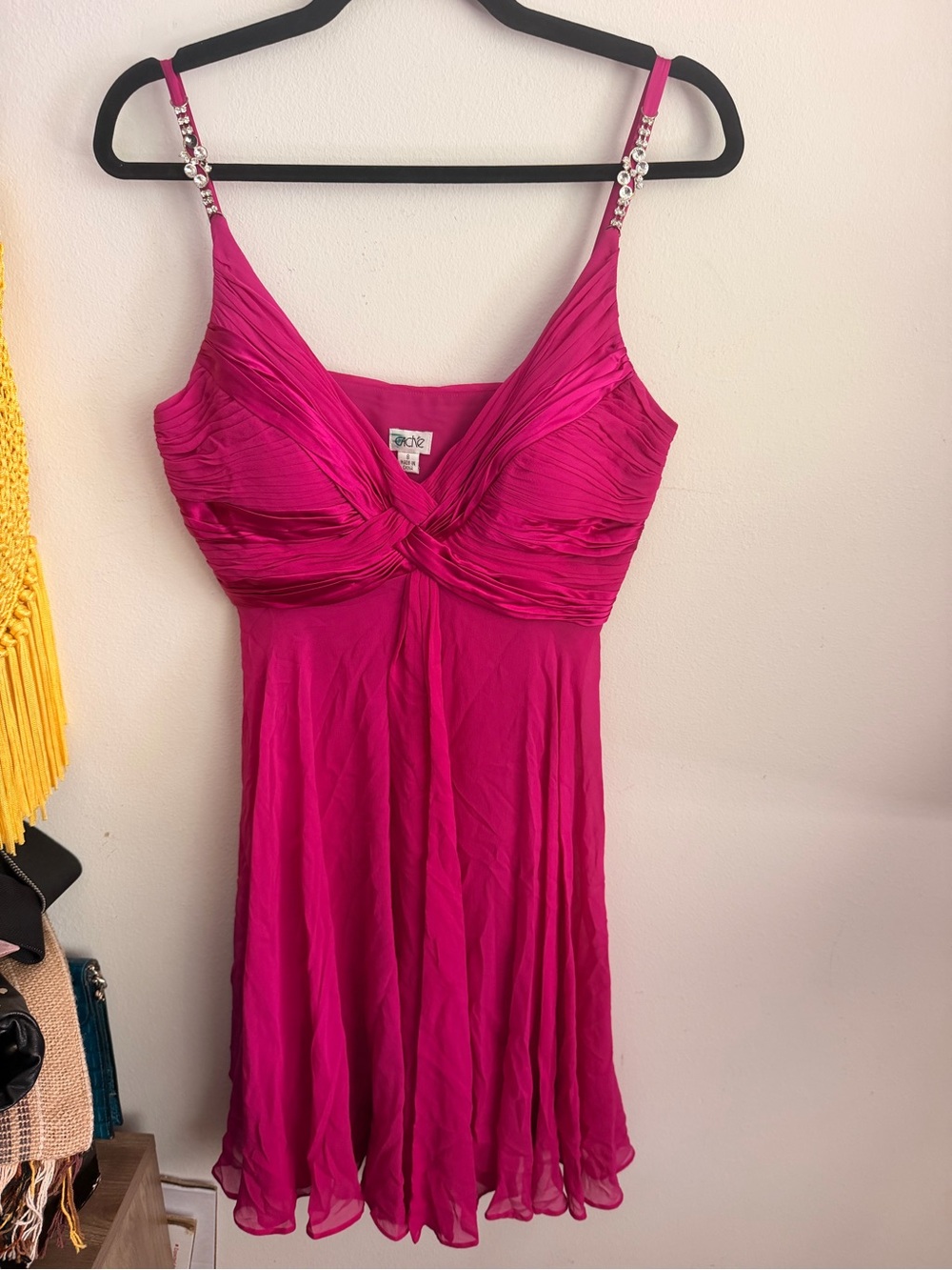 Cache Fuchsia Ruched Bodice silk Mini Dress with Crystal-Strap Detail